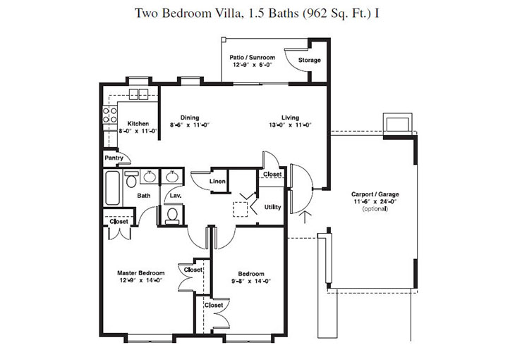 Floor plan: Two Bedroom/ 1.5 Bath Villa
