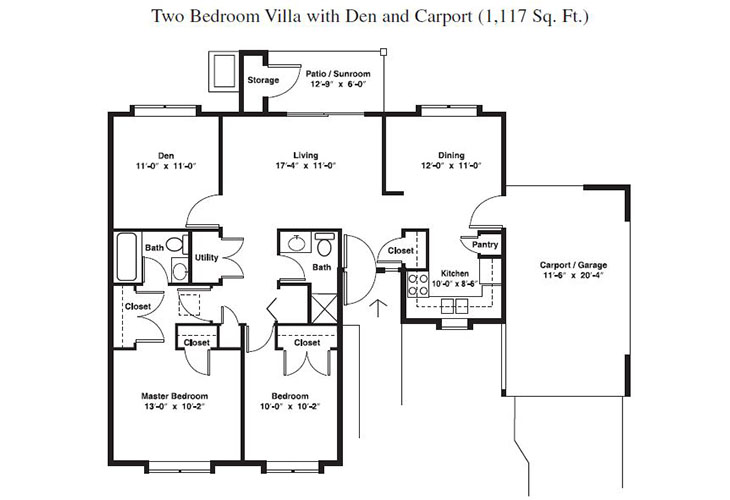 Floor plan: Two Bedroom Villa with Den and Carport