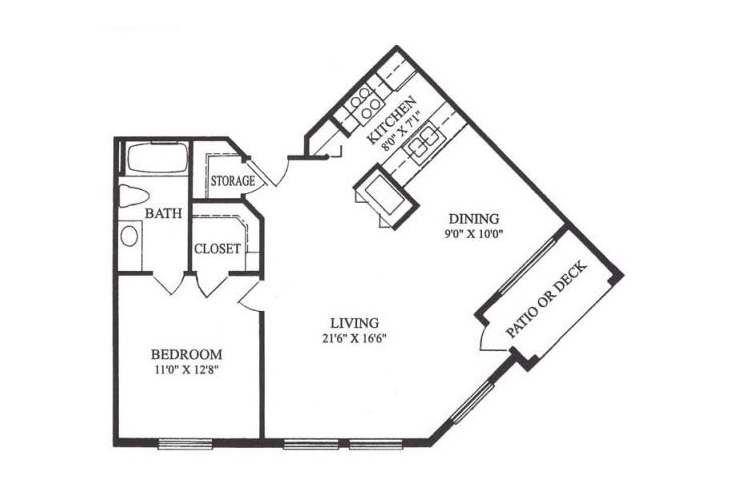 Floor plan:  Model E - One Bedroom