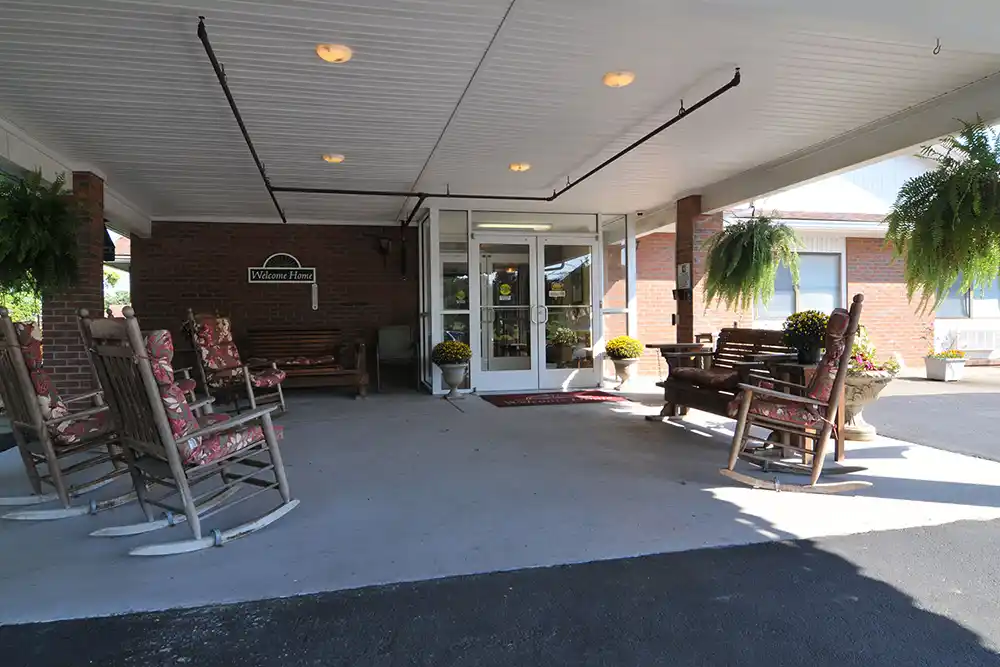 Morningside of Springfield covered patio with rocking chairs